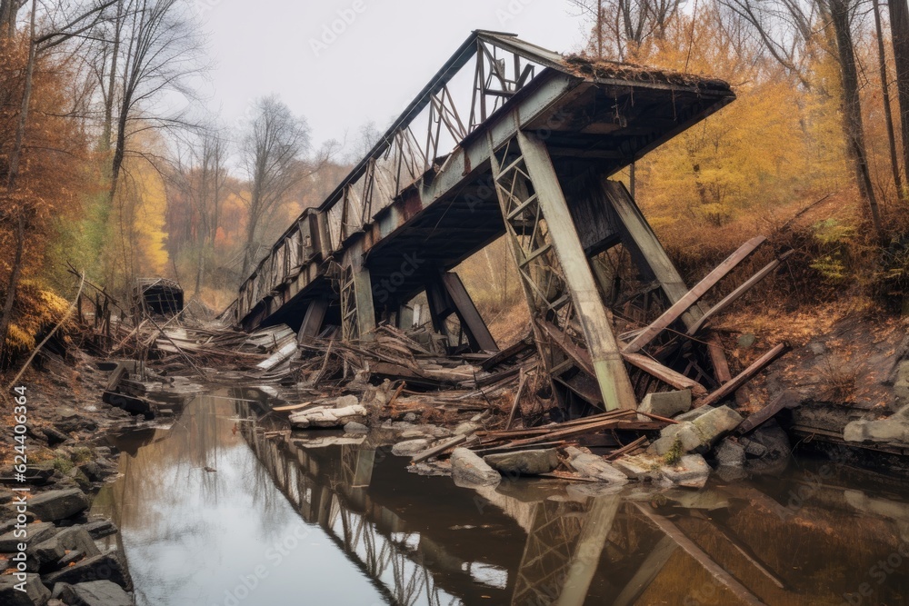 collapsed bridge with broken support beams, created with generative ai collapsed bridge with broken support beams, created with generative ai