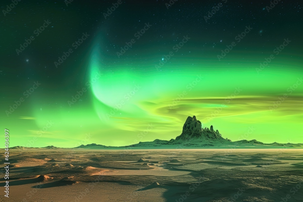 aurora borealis creating a surreal scene over a barren desert expanse, created with generative ai