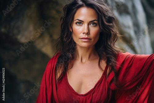 Tablou canvas Vibrant 40 year old brunette woman in red dress posing outdoors.