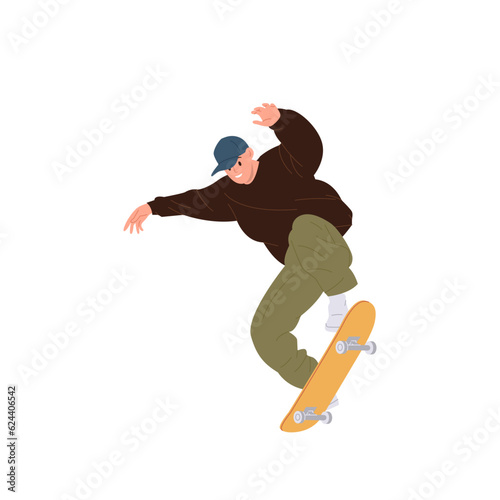 Teenager hipster man skateboarding enjoying speed motion jumping on longboard isolated on white