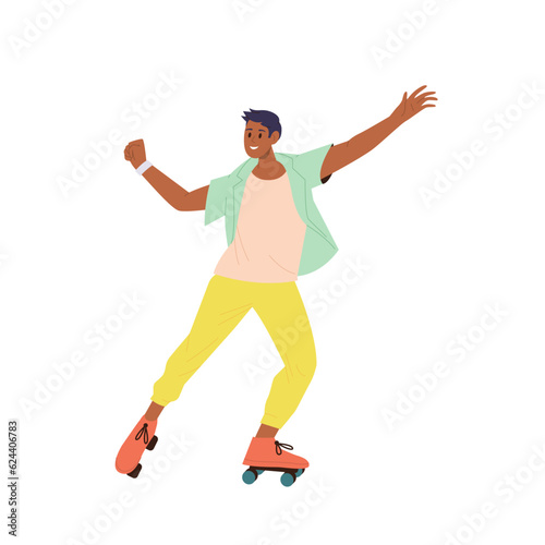 Funky teenager man cartoon character parting riding rollerblades isolated on white background