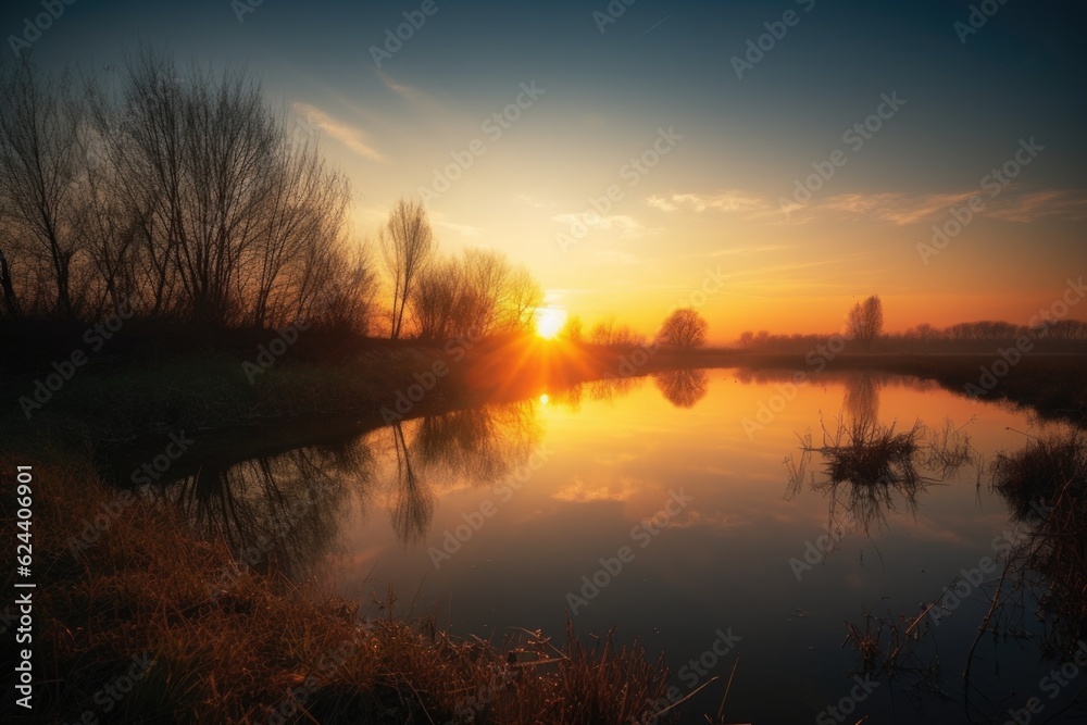 Obraz premium serene landscape, with sun peeking over the horizon and illuminating the sky, created with generative ai