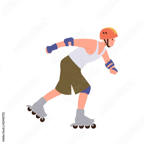 Young teenager guy wearing helmet and protective gears rollerblading isolated on white background