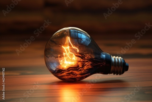 burnt-out lightbulb on a wooden surface, created with generative ai
