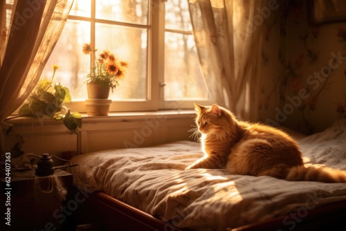 cat stretching on cozy bed with morning light, created with generative ai