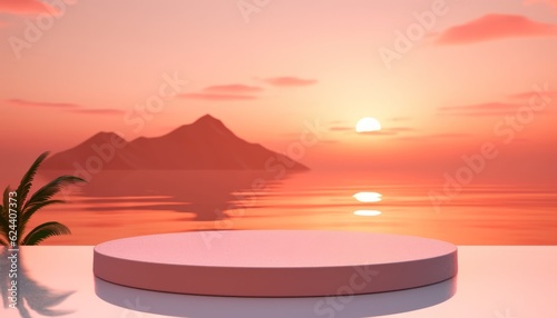3D podium with copy space for product display presentation on tropical sunset beach abstract background. Tropical summer and vacation concept © Balaj