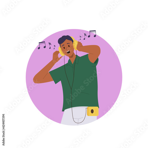 Joyful man cartoon character wearing headphones listening to music and dancing under favorite melody