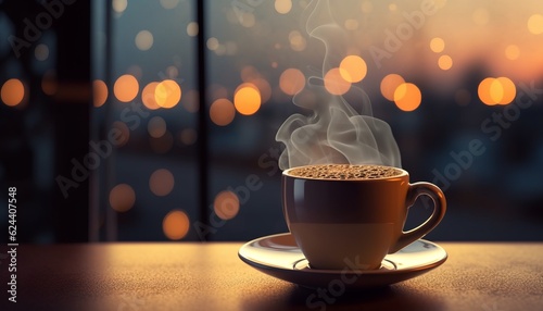 A cup of coffee in cafe with mornign bokeh light from window photo