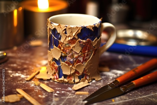 close-up of chipped mug with glue and repair tools, created with generative ai