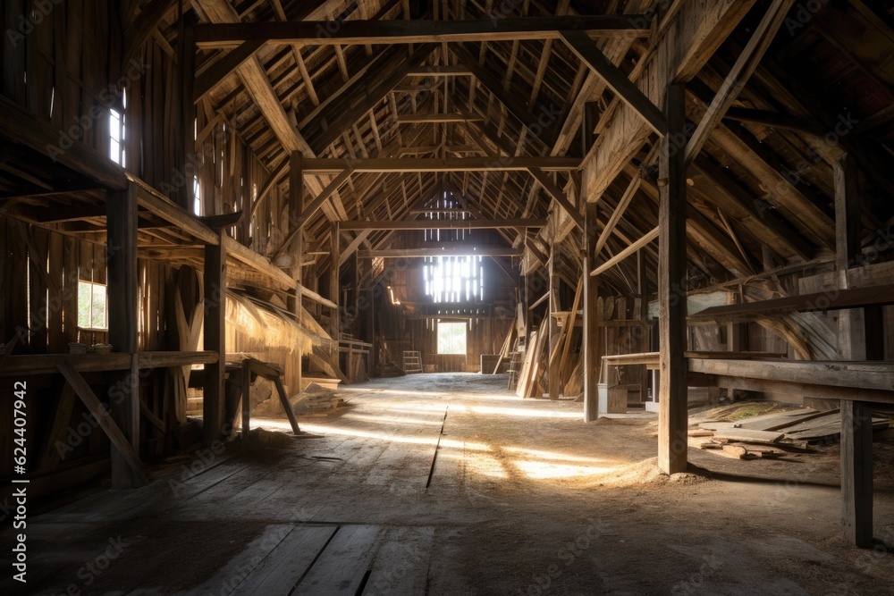 interior of the barn showing restored wooden structure, created with generative ai