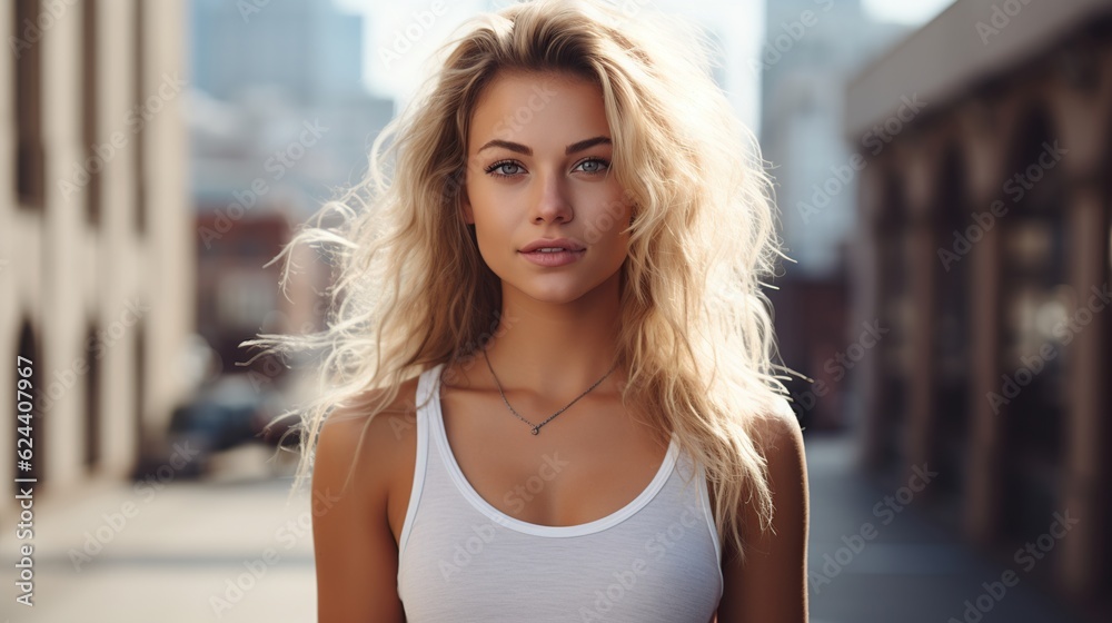 Portrait Body of a girl with big breasts in a white tank top. - obrazy, fototapety, plakaty 