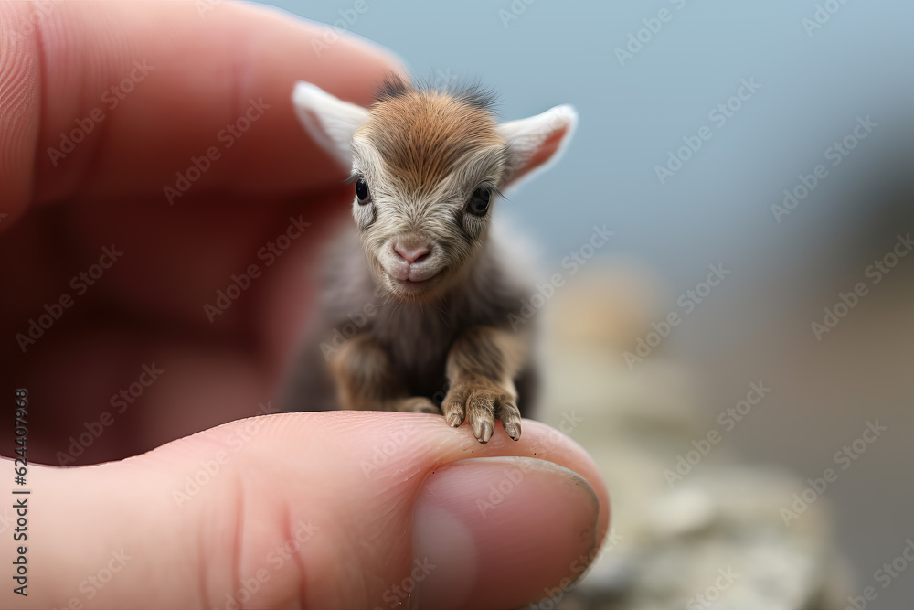 tiny small goat sitting on a finger tip, ai generated