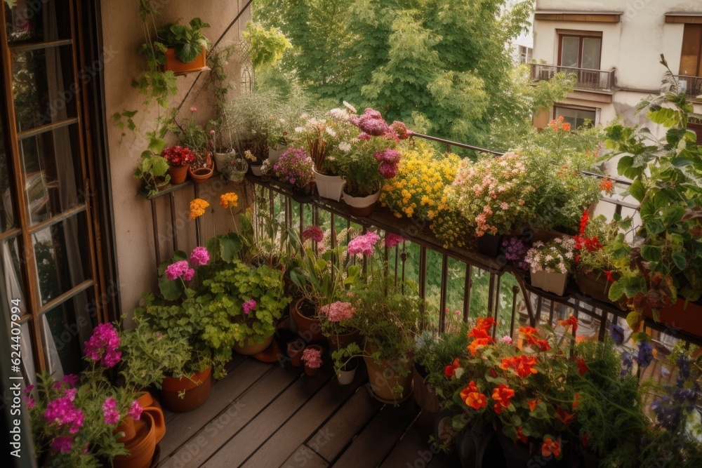 balcony garden overflowing with blooms and greenery in spring, created with generative ai