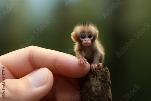 Fototapeta tiny small monkey sitting on a finger tip, ai generated
