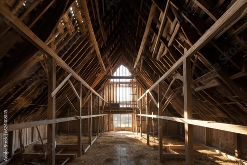 reconstructed barn roof and framework, created with generative ai © altitudevisual