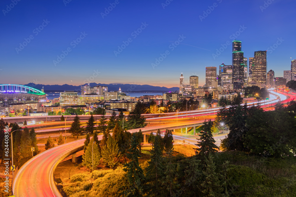 Seattle Skyline and Freeway During Blue Hour in the Evening