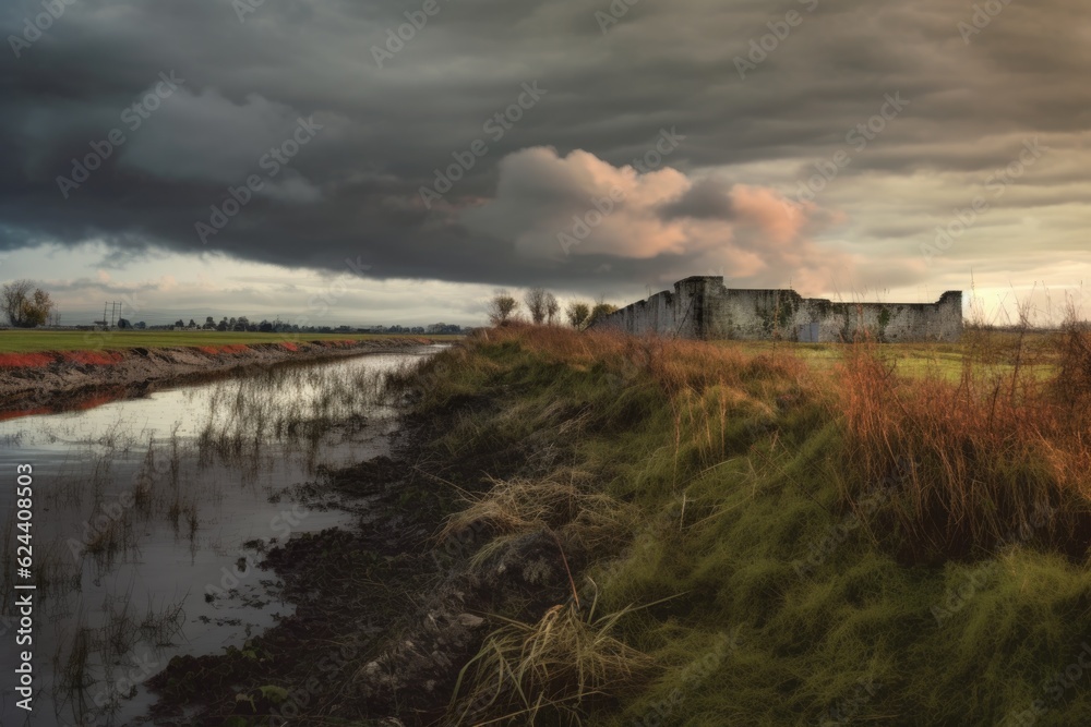 wide shot of a damaged levee with a stormy sky in the background, created with generative ai