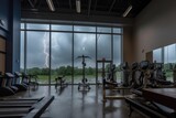 gym with view of stormy sky, lightning bolts flashing in the distance, created with generative ai