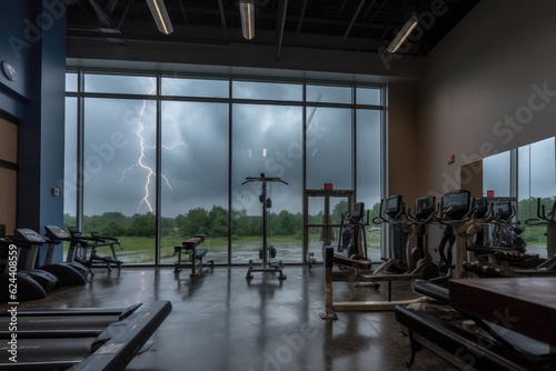 gym with view of stormy sky, lightning bolts flashing in the distance, created with generative ai © Alfazet Chronicles