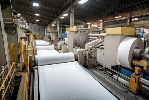 pulp and paper factory, with production line in full swing, creating endless sheets of paper, created with generative ai