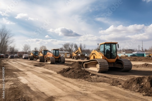 construction site with bulldozers, graders, and loaders clearing the way for new building, created with generative ai