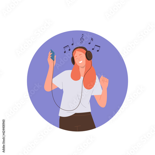 Young woman character listening music in earphones using smartphone media player application