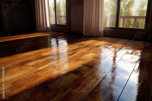 fixed floorboard with fresh varnish, created with generative ai photo