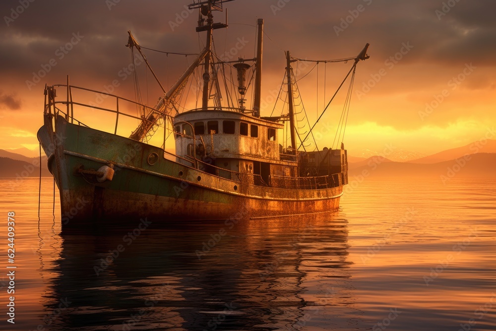 fishing trawler illuminated by the last rays of sunlight, created with generative ai