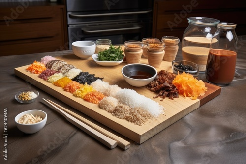 plate of deconstructed sushi roll, with ingredients and tools on display, created with generative ai