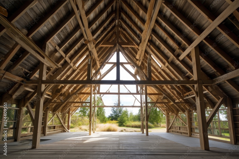 reconstructed barn roof and framework, created with generative ai