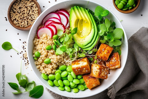 Healthy vegan food. Buddha bowl with quinoa, fried tofu, avocado, edamame, green peas, radish, cabbage and sesame seeds. White kitchen table background, top view.ai generative