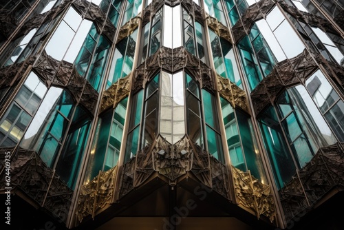 architectural detail close-up of stunning glasswork in a high-rise building, created with generative ai