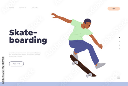 Skateboarding landing page design template advertising extreme sport hobby activity for young people