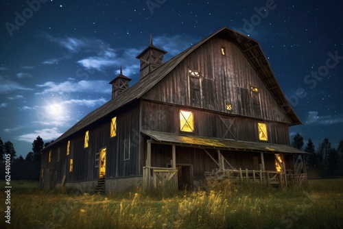 long exposure shot of restored barn under starry night sky, created with generative ai