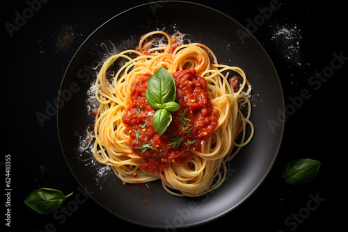 Delicious Plate of Spaghetti with Tomato Sauce  top view  dark background.ai generative