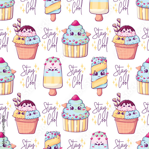 Seamless pattern for summer textile with cute cartoon doodle kawaii ice cream and lettering stay cool