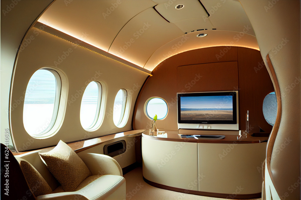 Fototapeta premium The interior of a private jet aircraft. Leather armchairs, luxury design.