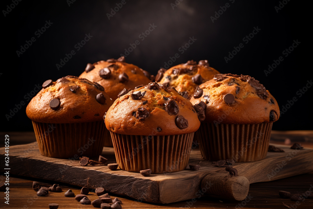 muffins with chocolate, dark background.ai generative