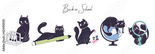 Collection of cats with school items in flat style. The concept of animals returning to school.