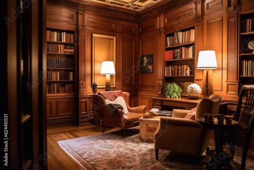 wood-paneled library, with bookshelves and reading chair, creating serene and peaceful atmosphere, created with generative ai