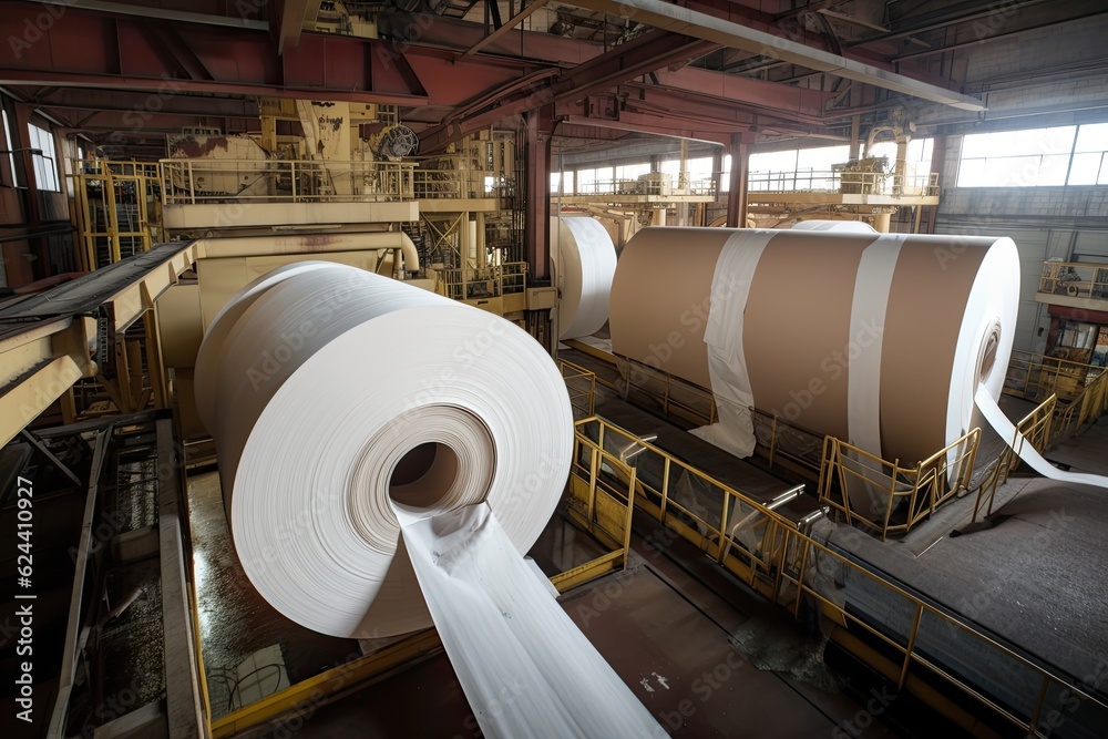 massive pulp and paper machine, churning out endless rolls of paper, created with generative ai massive pulp and paper machine, churning out endless rolls of paper, created with generative ai