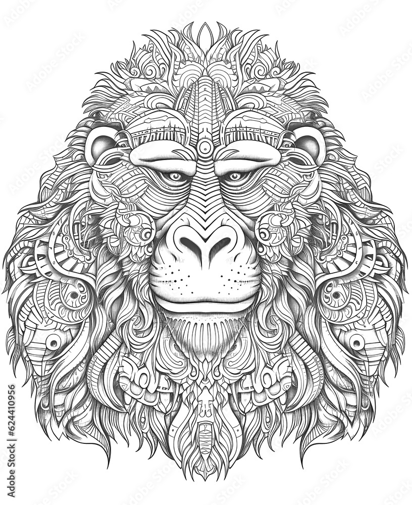 Fototapeta premium Mandala, black and white illustration for coloring animals, monkey.