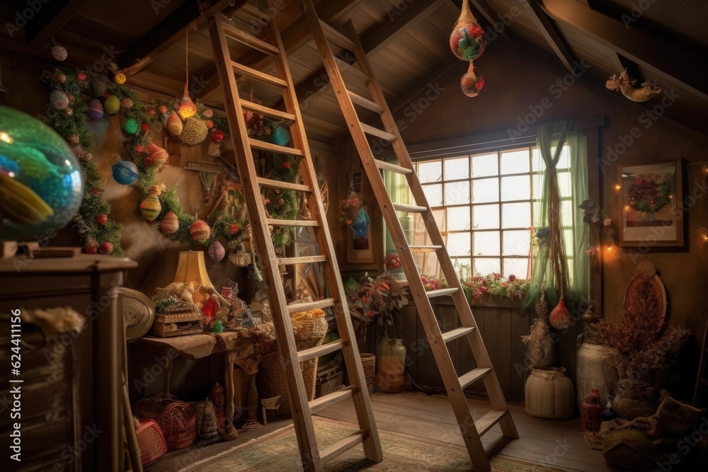 ladder leading to attic with holiday decorations and ornaments, created with generative ai