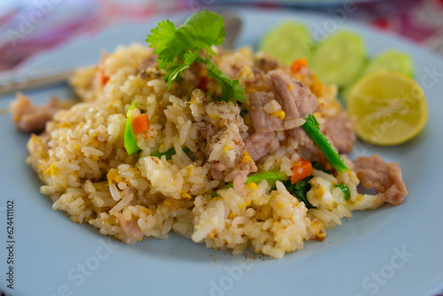 Fried rice with pork and vegetable in thai style food.