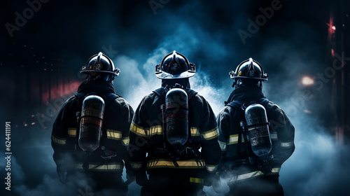 Firemen in fire helmets. Dark background with smoke and blue light.back view .ai generative
