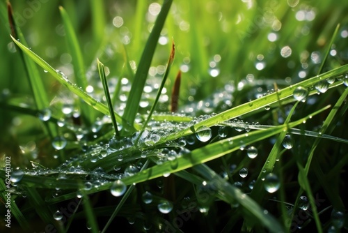 water droplets on grass from a leaky hose, created with generative ai
