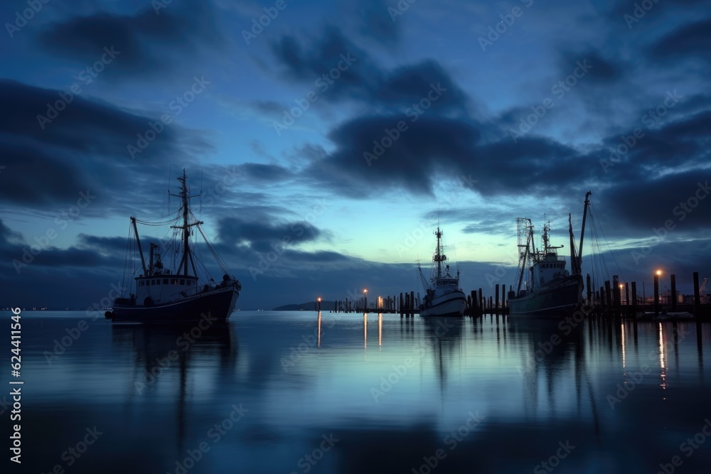 fishing trawlers silhouette framed by moonlit clouds at dusk, created with generative ai