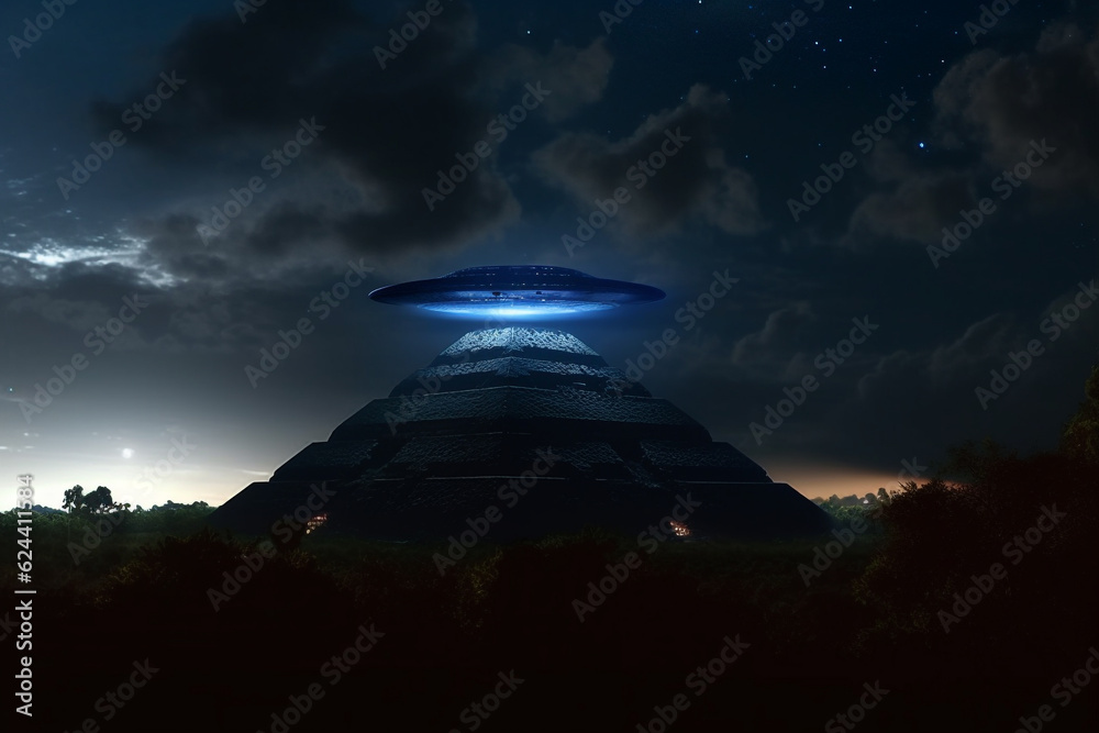 Sci-fi and fantasy concept. UFO and extraterrestrial ships flying over Mexico pyramids in jungles during night and glowing blue light. Generative AI Sci-fi and fantasy concept. UFO and extraterrestrial ships flying over Mexico pyramids in jungles during night and glowing blue light. Generative AI