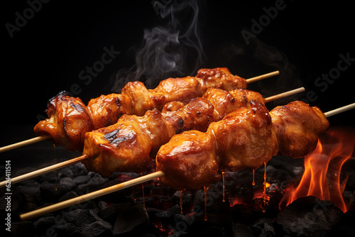 Chicken skewer on the grill, dark background.ai generative
