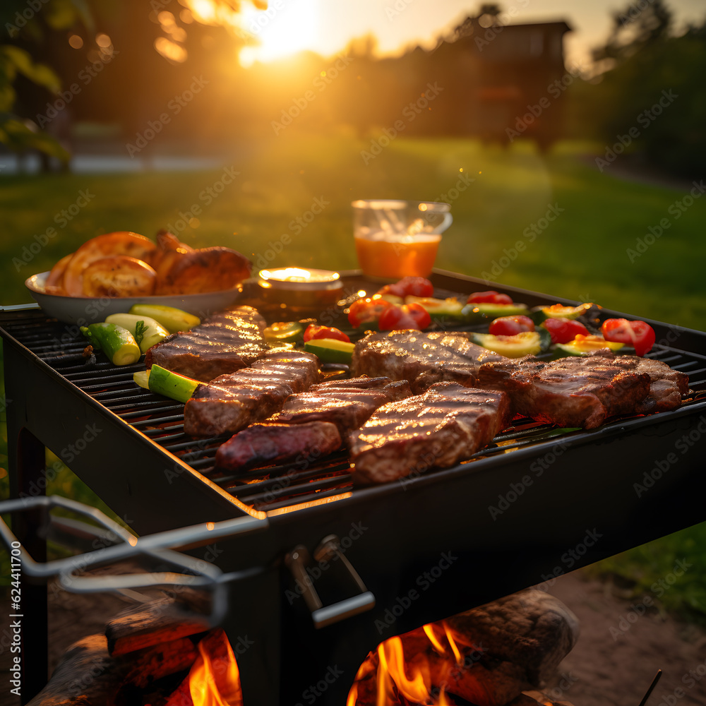 Outdoor barbecue, grill, roasted beef, sausages, summer, sunset, fun, vacation, beer, celebration 